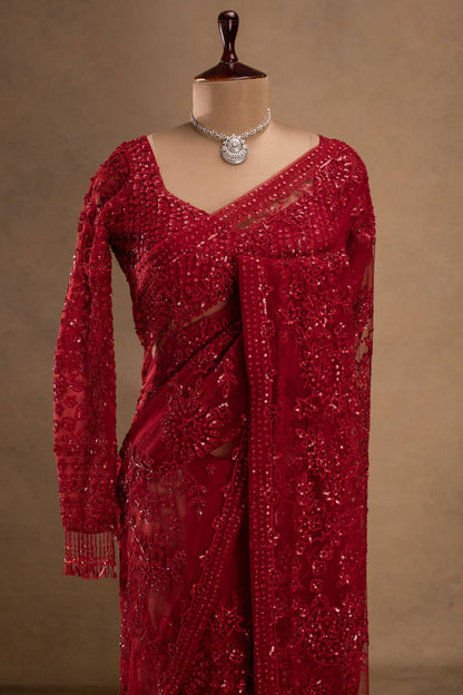 NEW SUPERHIT DESIGN ON FAUX GEORGETTE FABRIC WITH HEAVY EMBROIDERY & FANCY LACE WORK SAREE WITH STITCH BLOUSE single available wholesale