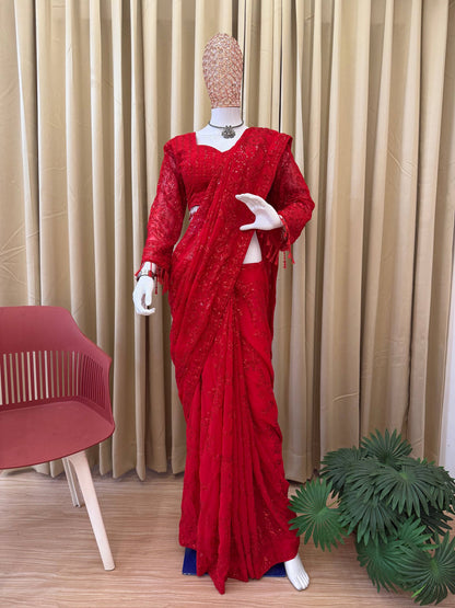 NEW SUPERHIT DESIGN ON FAUX GEORGETTE FABRIC WITH HEAVY EMBROIDERY & FANCY LACE WORK SAREE WITH STITCH BLOUSE single available wholesale