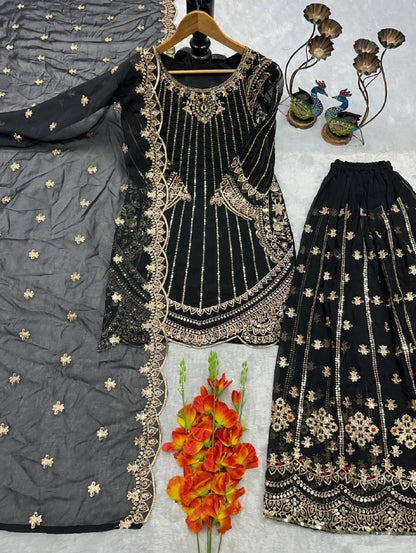 ĐĚSIGNER PARTY WEAR TOP AND PLAZO. WITH FANCY DUPPATA AND EMBROIDERY WORK