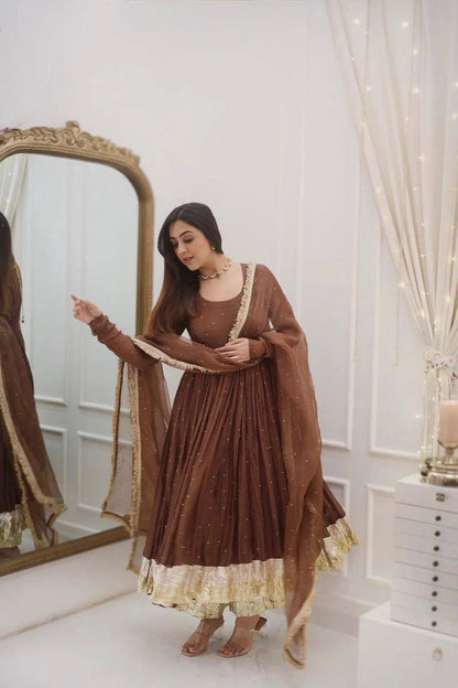 New Designer Party Wear Look Full Moti Work Gown With Fully Stiched and Dupatta Ready to Wear Collection