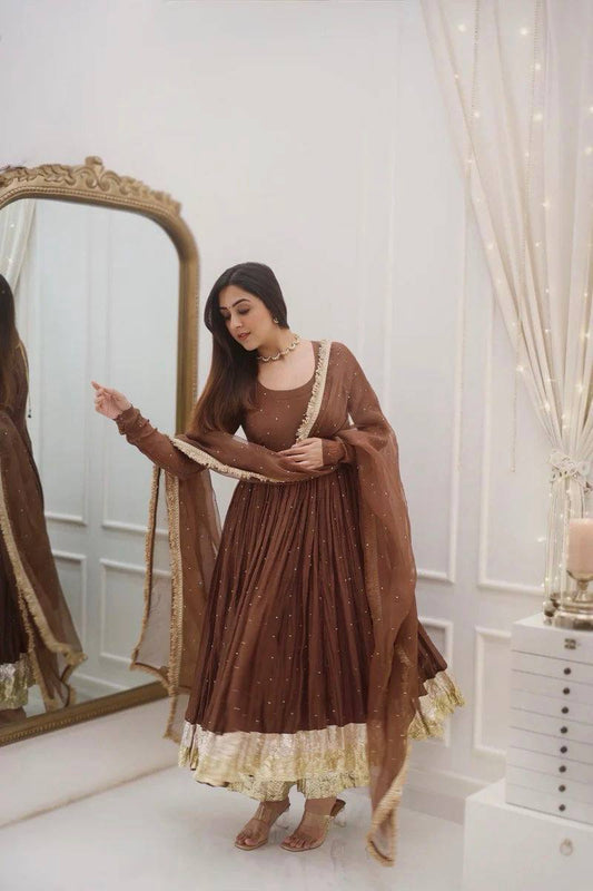 New Designer Party Wear Look Full Moti Work Gown With Fully Stiched and Dupatta Ready to Wear Collection
