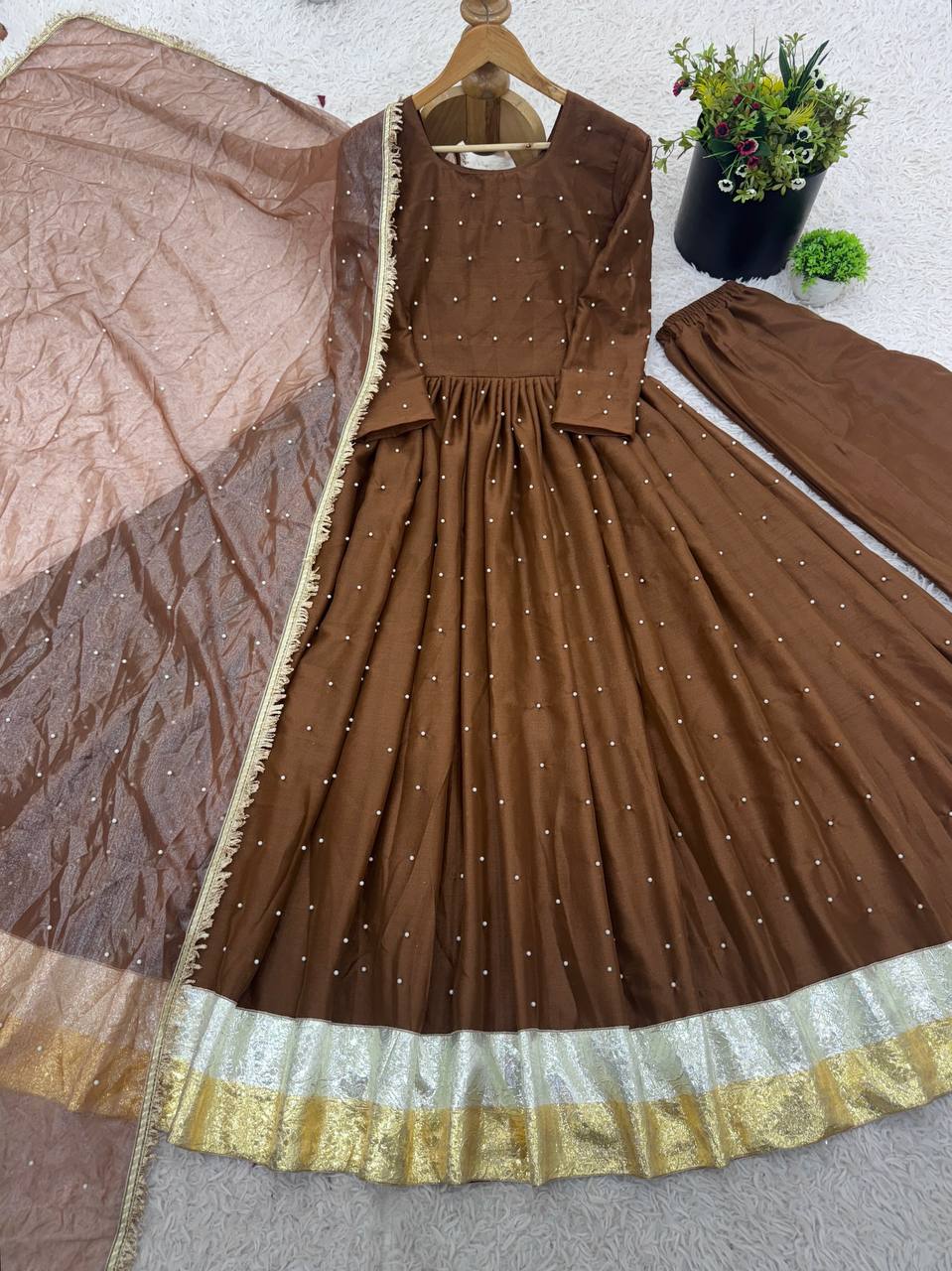 New Designer Party Wear Look Full Moti Work Gown With Fully Stiched and Dupatta Ready to Wear Collection
