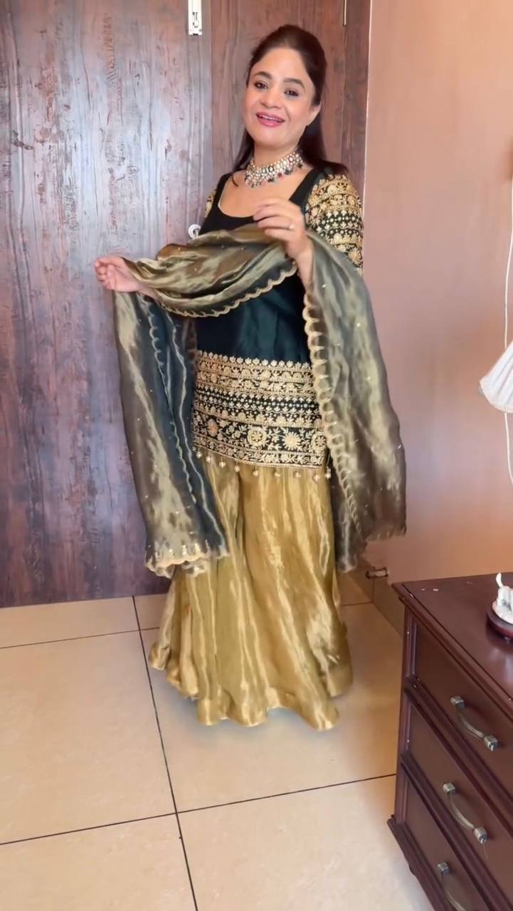 EXCLUSIVE AND TRENDY FOR WEDDING SEASON OUR SEQUENCE EMBROIDERED TOP, PLAZZO AND DUPATTA