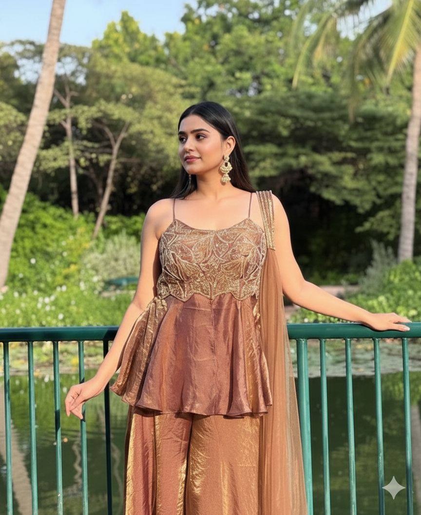 EXCLUSIVE AND TRENDY FOR WEDDING SEASON OUR SEQUENCE EMBROIDERED TOP, PLAZZO AND DUPATTA