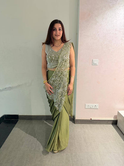 NEW SUPERHIT TRENDING READY TO WEAR SAREE WITH FULLY EMBROIDERED STYLIST BLOUSE ON  CHINON FABRIC