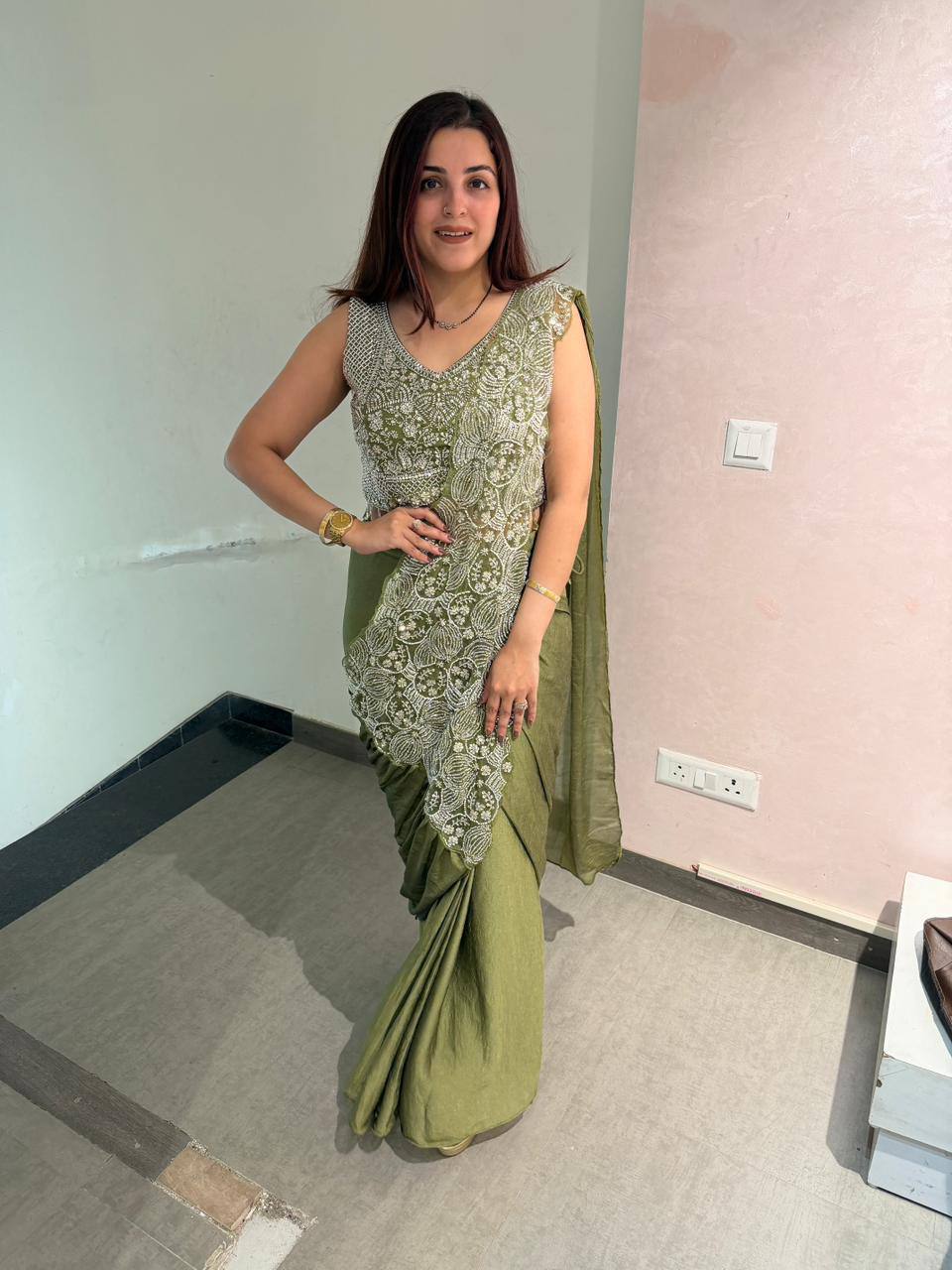NEW SUPERHIT TRENDING READY TO WEAR SAREE WITH FULLY EMBROIDERED STYLIST BLOUSE ON  CHINON FABRIC