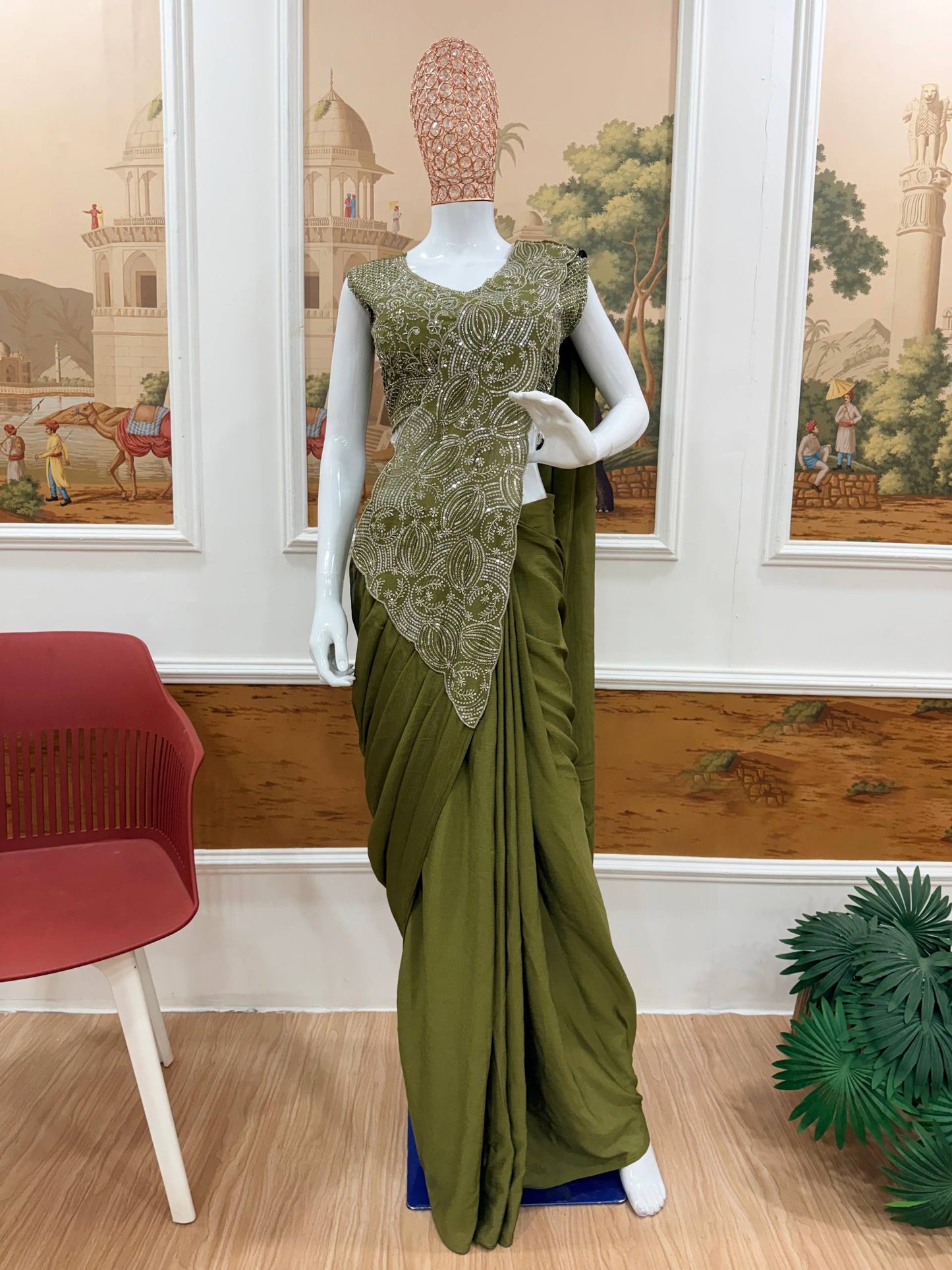 NEW SUPERHIT TRENDING READY TO WEAR SAREE WITH FULLY EMBROIDERED STYLIST BLOUSE ON  CHINON FABRIC