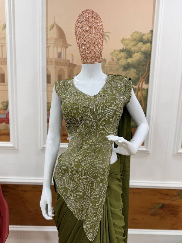 NEW SUPERHIT TRENDING READY TO WEAR SAREE WITH FULLY EMBROIDERED STYLIST BLOUSE ON  CHINON FABRIC