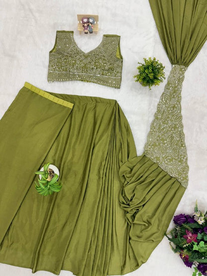 NEW SUPERHIT TRENDING READY TO WEAR SAREE WITH FULLY EMBROIDERED STYLIST BLOUSE ON  CHINON FABRIC