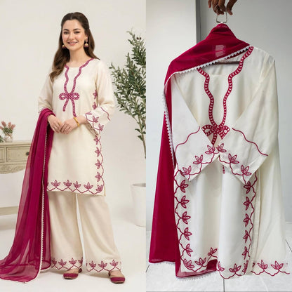 HANIA AMIR INSPIRED THIS SUMMER SEASON WEAR PAKISTANI SUIT WITH EMBROIDERED WORKED TOP, PLAZZO AND DUPATTA