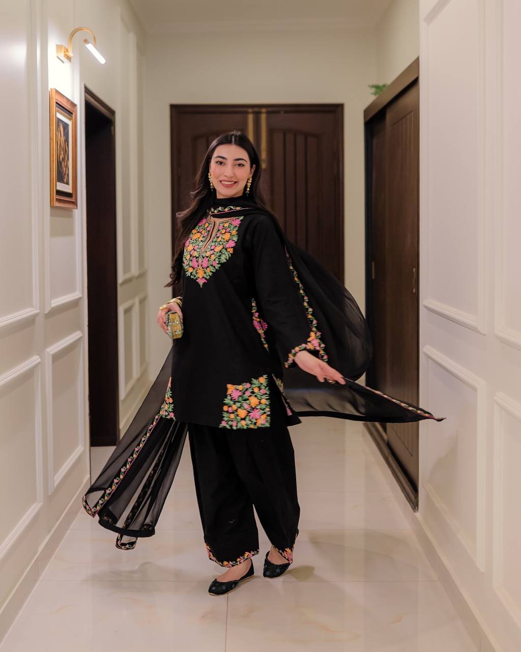 DESIGNER WEAR EMBROIDERED TOP WITH 2 SIDE POCKETS WITH PLAZZO AND DUPPATA single available wholesale
