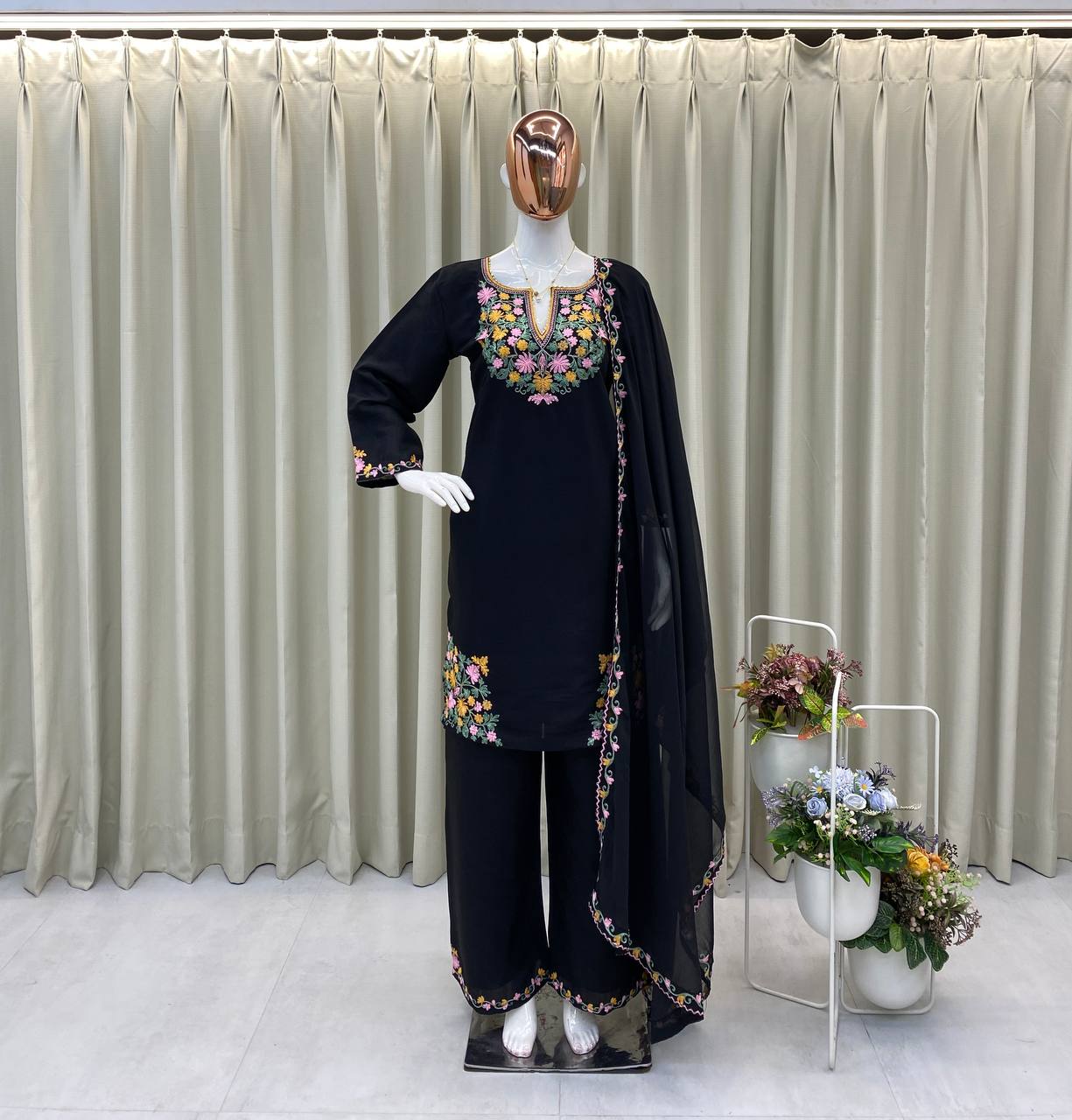 DESIGNER WEAR EMBROIDERED TOP WITH 2 SIDE POCKETS WITH PLAZZO AND DUPPATA single available wholesale