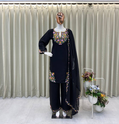 DESIGNER WEAR EMBROIDERED TOP WITH 2 SIDE POCKETS WITH PLAZZO AND DUPPATA single available wholesale