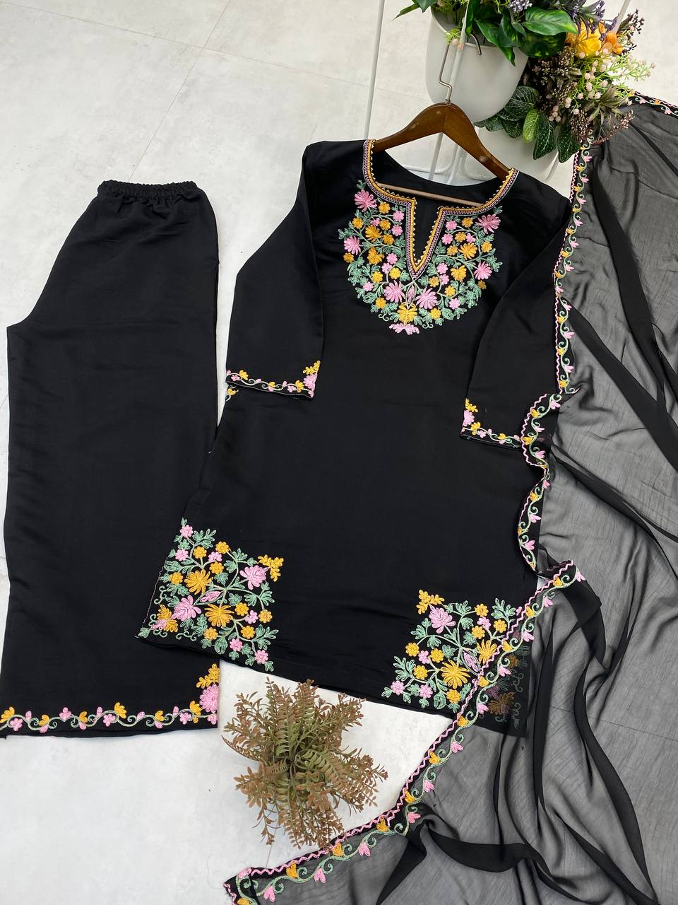 DESIGNER WEAR EMBROIDERED TOP WITH 2 SIDE POCKETS WITH PLAZZO AND DUPPATA single available wholesale