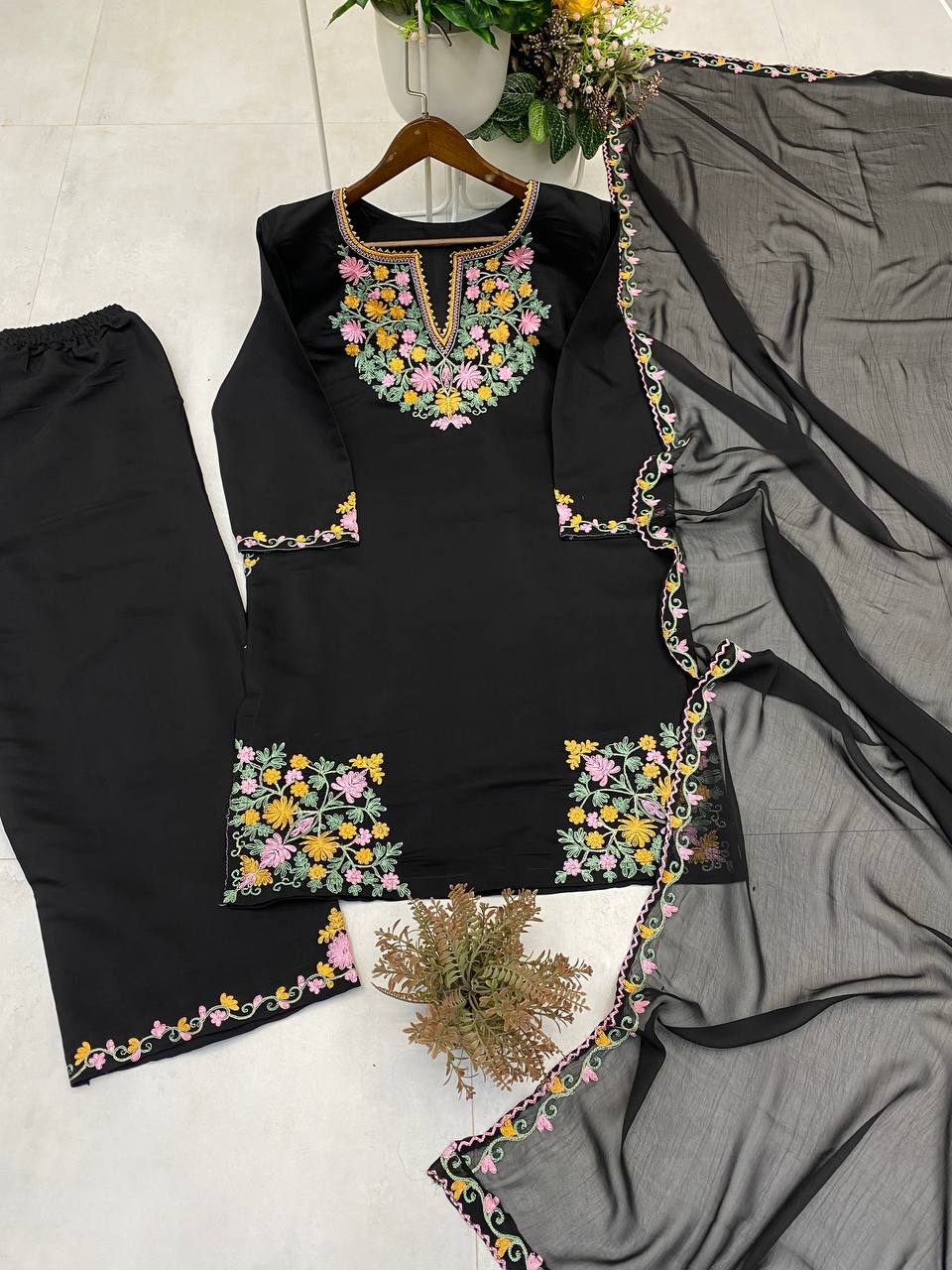 DESIGNER WEAR EMBROIDERED TOP WITH 2 SIDE POCKETS WITH PLAZZO AND DUPPATA single available wholesale