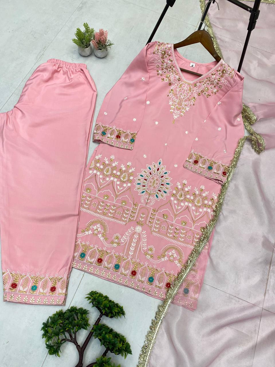 EXCLUSIVE EMBROIDERED 3 PIECE PANT PAIR WITH DUPATTA single available wholesale