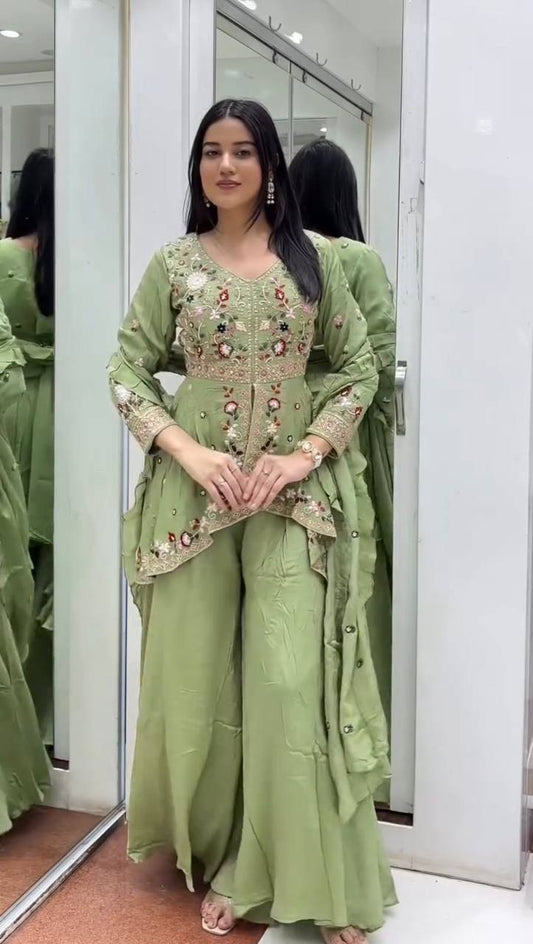 EXCLUSIVE AND TRENDY FOR WEDDING SEASON OUR SEQUENCE EMBROIDERED TOP, PLAZZO AND DUPATTA