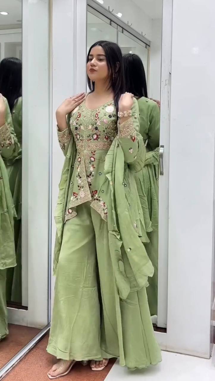 EXCLUSIVE AND TRENDY FOR WEDDING SEASON OUR SEQUENCE EMBROIDERED TOP, PLAZZO AND DUPATTA