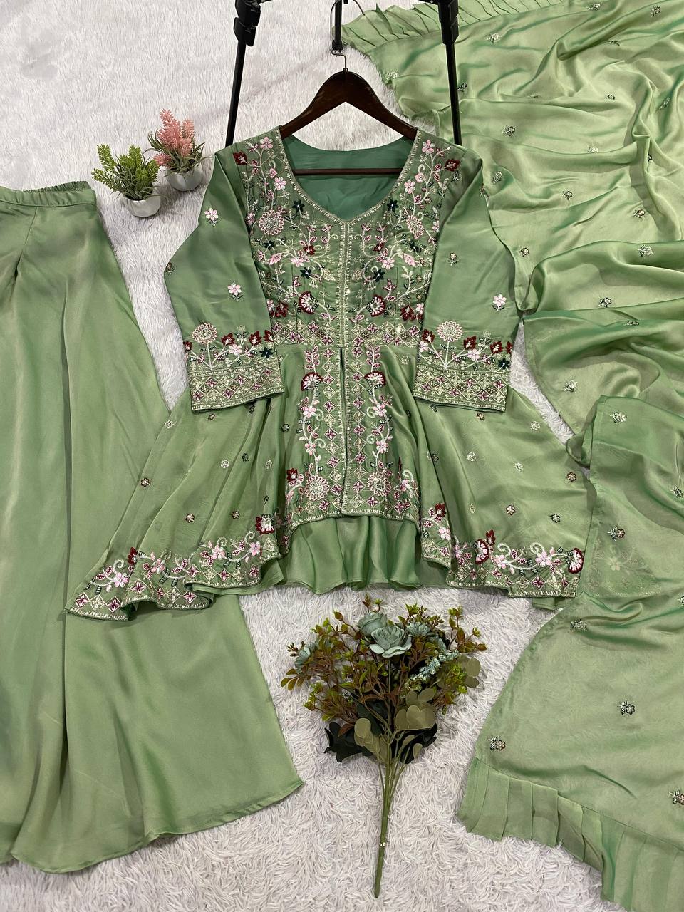 EXCLUSIVE AND TRENDY FOR WEDDING SEASON OUR SEQUENCE EMBROIDERED TOP, PLAZZO AND DUPATTA