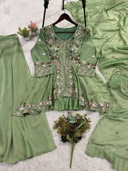 EXCLUSIVE AND TRENDY FOR WEDDING SEASON OUR SEQUENCE EMBROIDERED TOP, PLAZZO AND DUPATTA