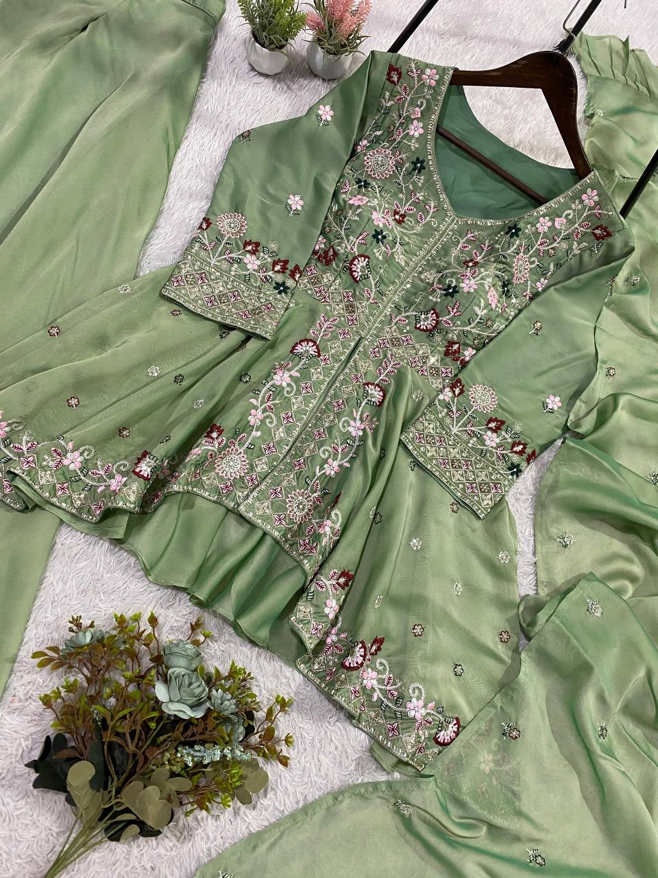 EXCLUSIVE AND TRENDY FOR WEDDING SEASON OUR SEQUENCE EMBROIDERED TOP, PLAZZO AND DUPATTA