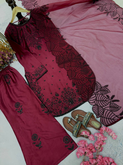 Đěsigner Party Wear Look Pur Satin Rayon Top & Palazzo With Dupatta set