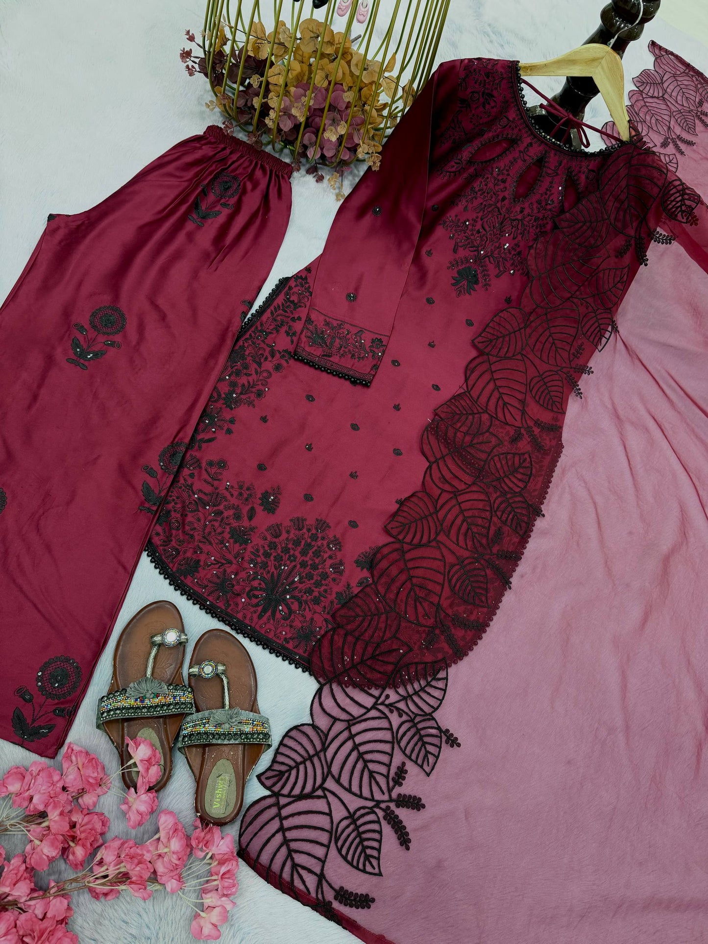 Đěsigner Party Wear Look Pur Satin Rayon Top & Palazzo With Dupatta set