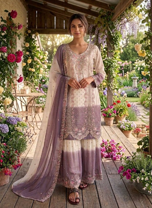 Đěsigner Party Wear Look Pur Heavy Dual Tone Peding Star Georgette Top Plazzo & Dupatta Set
