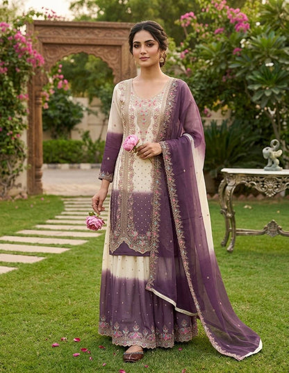 Đěsigner Party Wear Look Pur Heavy Dual Tone Peding Star Georgette Top Plazzo & Dupatta Set