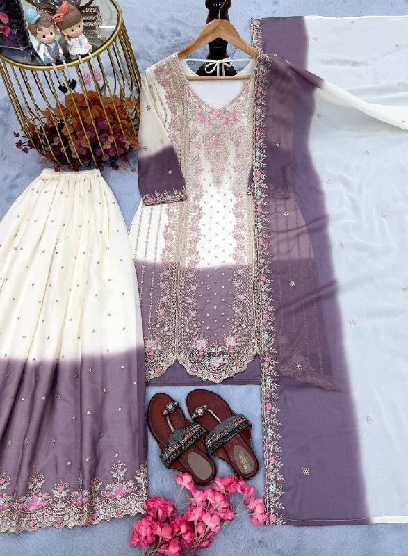 Đěsigner Party Wear Look Pur Heavy Dual Tone Peding Star Georgette Top Plazzo & Dupatta Set