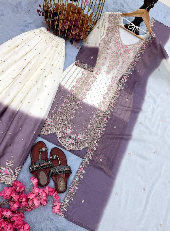 Đěsigner Party Wear Look Pur Heavy Dual Tone Peding Star Georgette Top Plazzo & Dupatta Set