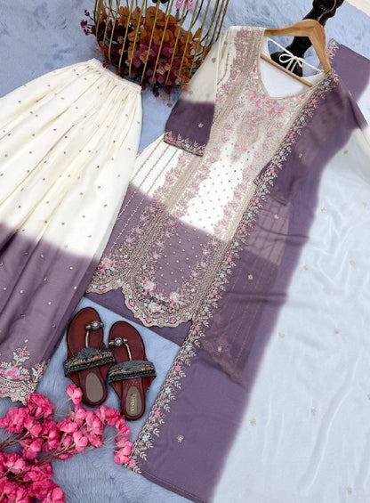 Đěsigner Party Wear Look Pur Heavy Dual Tone Peding Star Georgette Top Plazzo & Dupatta Set