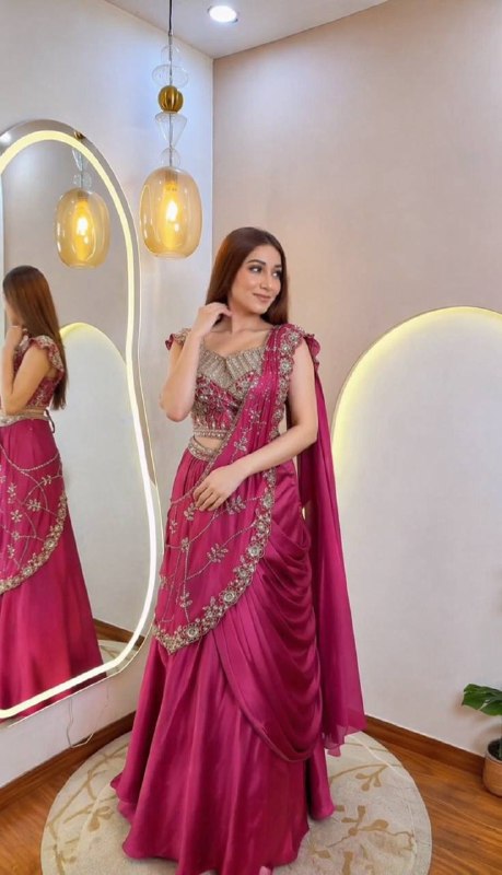 ready in our new Trending Lehenga Style Saree indow-Western With Blouse  set  With Embroidery Work detailing