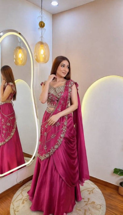 ready in our new Trending Lehenga Style Saree indow-Western With Blouse  set  With Embroidery Work detailing