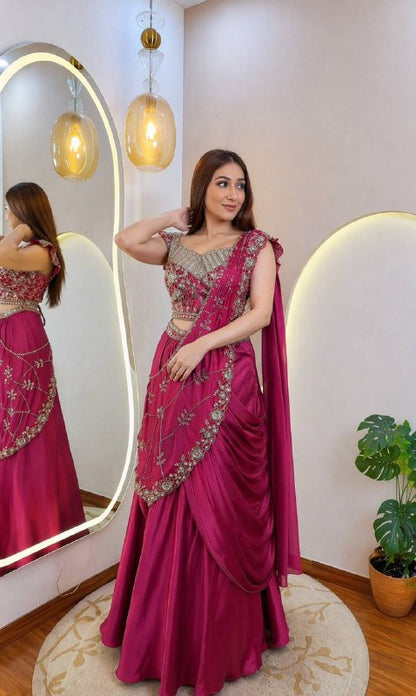 ready in our new Trending Lehenga Style Saree indow-Western With Blouse  set  With Embroidery Work detailing