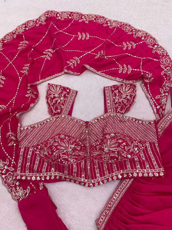 ready in our new Trending Lehenga Style Saree indow-Western With Blouse  set  With Embroidery Work detailing