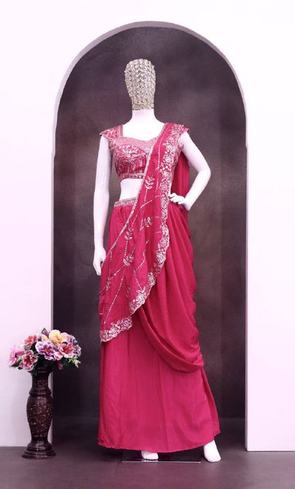 ready in our new Trending Lehenga Style Saree indow-Western With Blouse  set  With Embroidery Work detailing