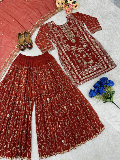 ĐĚSIGNER PARTY WEAR TOP AND PLAZZO. WITH FANCY DUPPATA AND EMBROIDERY WORK