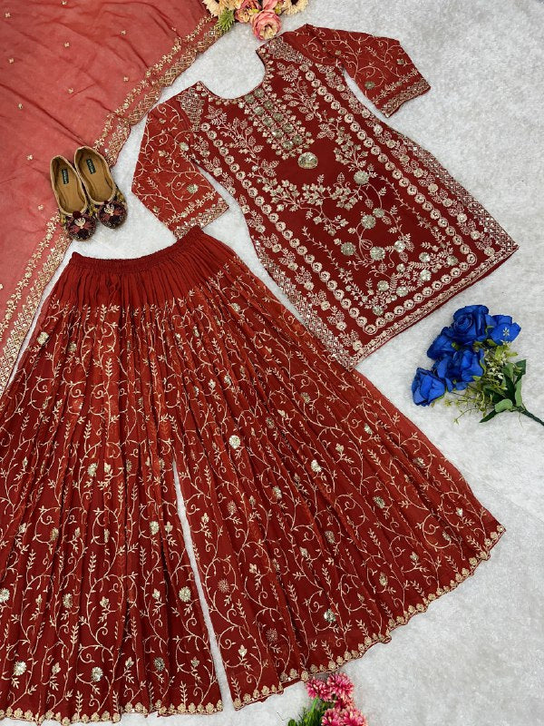 ĐĚSIGNER PARTY WEAR TOP AND PLAZZO. WITH FANCY DUPPATA AND EMBROIDERY WORK