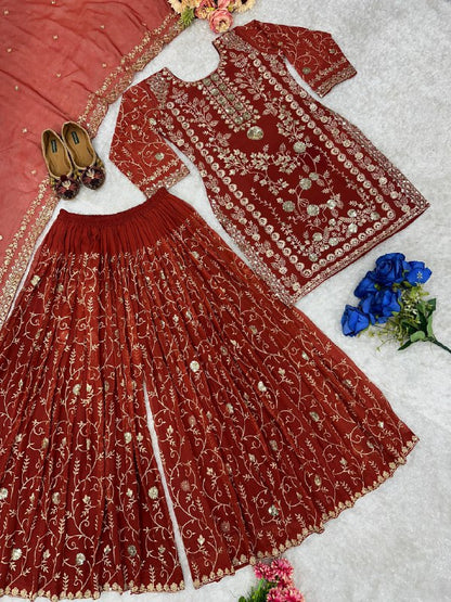 ĐĚSIGNER PARTY WEAR TOP AND PLAZZO. WITH FANCY DUPPATA AND EMBROIDERY WORK