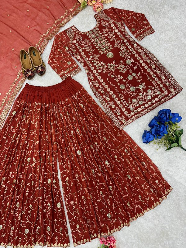 ĐĚSIGNER PARTY WEAR TOP AND PLAZZO. WITH FANCY DUPPATA AND EMBROIDERY WORK