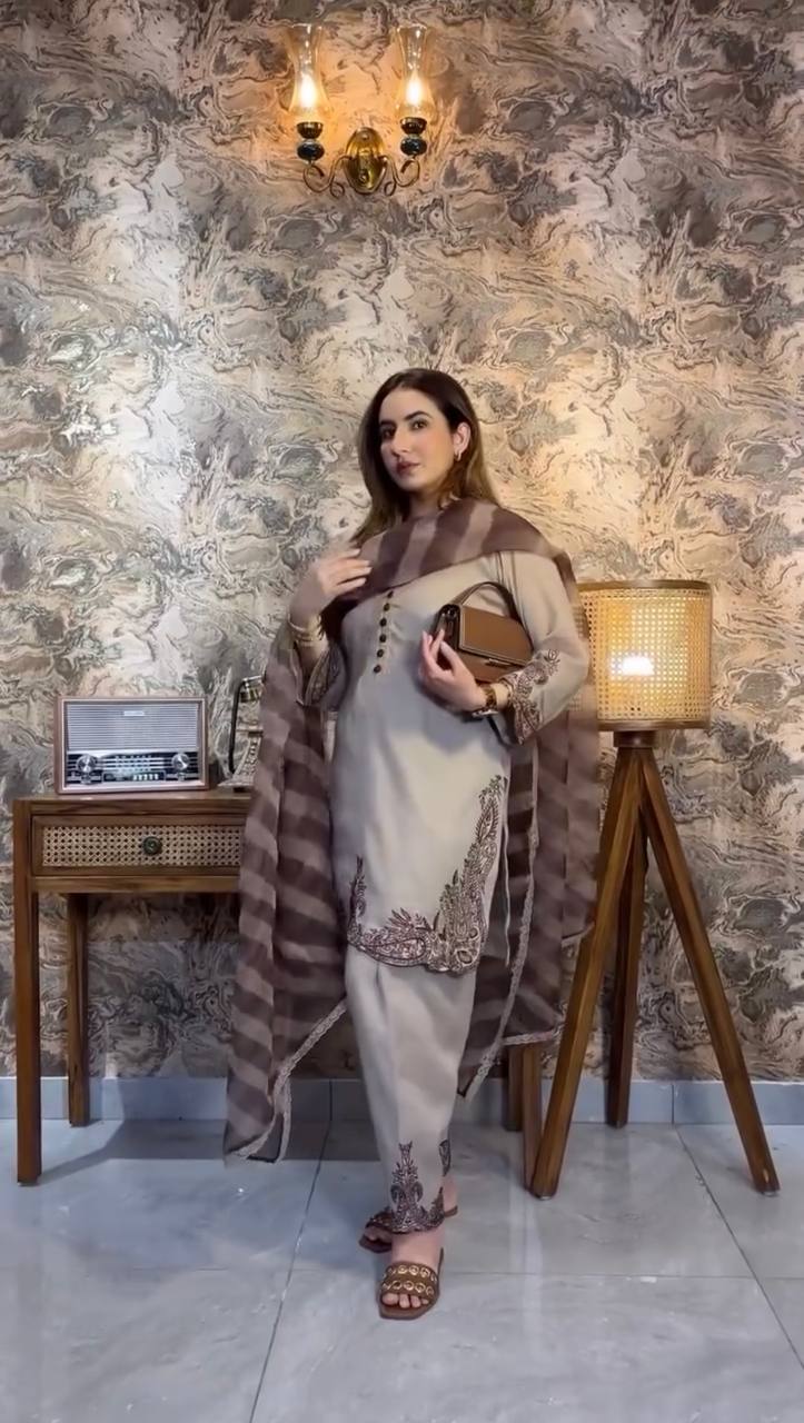 Designer Collection In Fox Georgette Top-Bottom And Dupatta Set Fully Stitched Ready To Wear