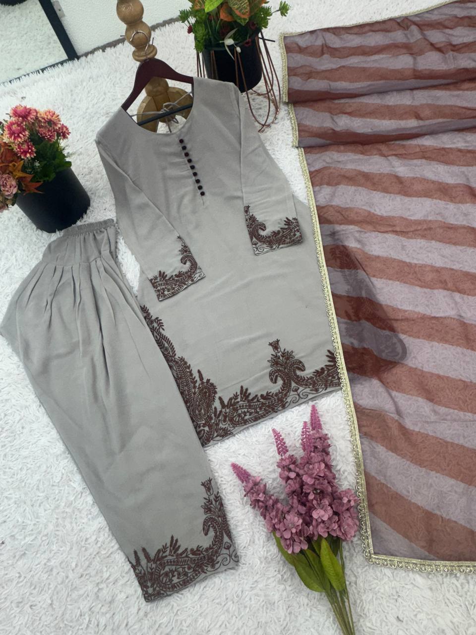 Designer Collection In Fox Georgette Top-Bottom And Dupatta Set Fully Stitched Ready To Wear