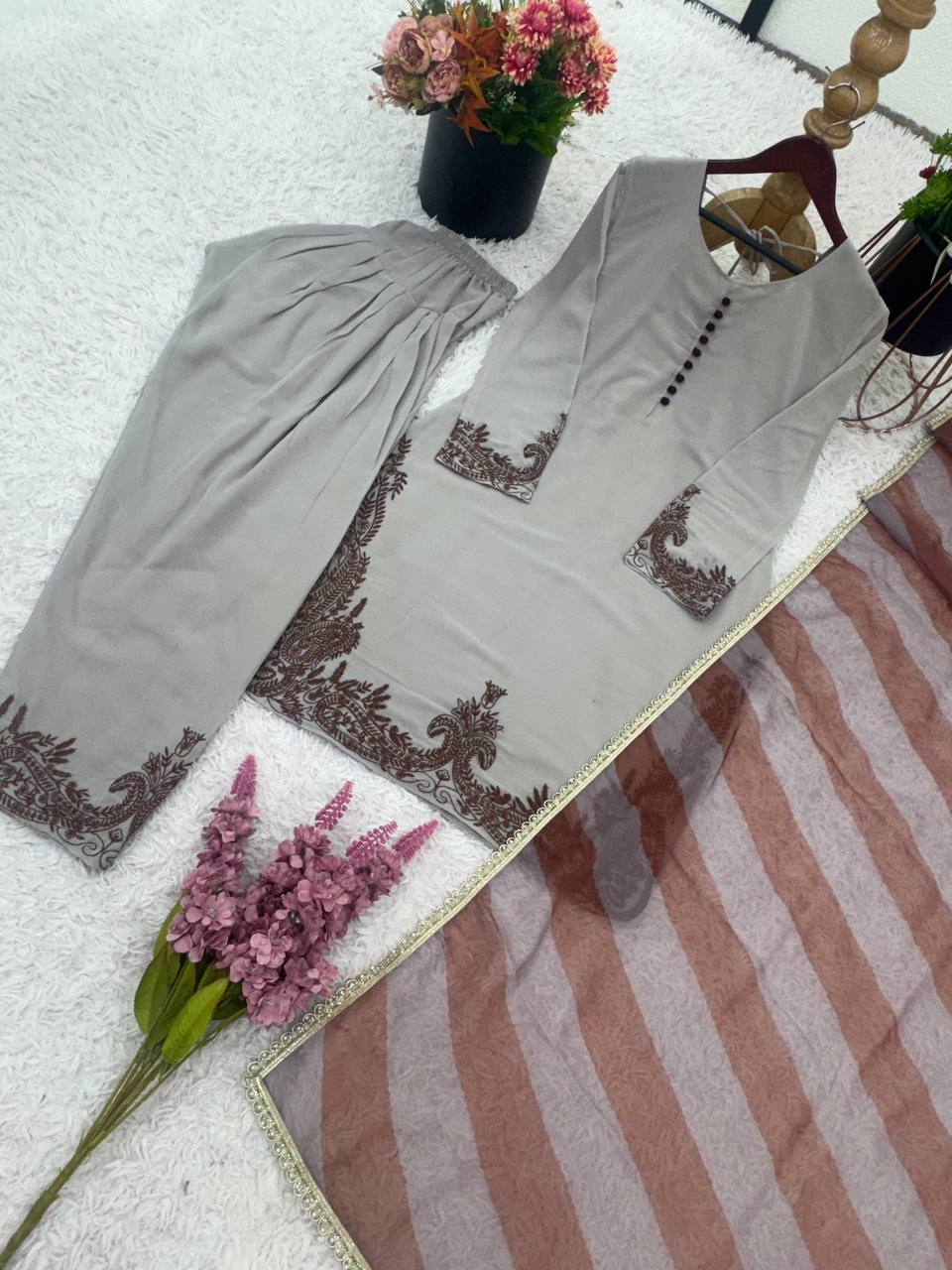 Designer Collection In Fox Georgette Top-Bottom And Dupatta Set Fully Stitched Ready To Wear