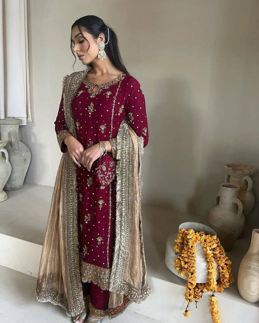 FANCY FAUX GEORGETTE WITH SEQUENCE EMBROIDERED AND ORIGINAL MOTTI HANDMADE WORK TOP AND PENT WITH DUPATTA
