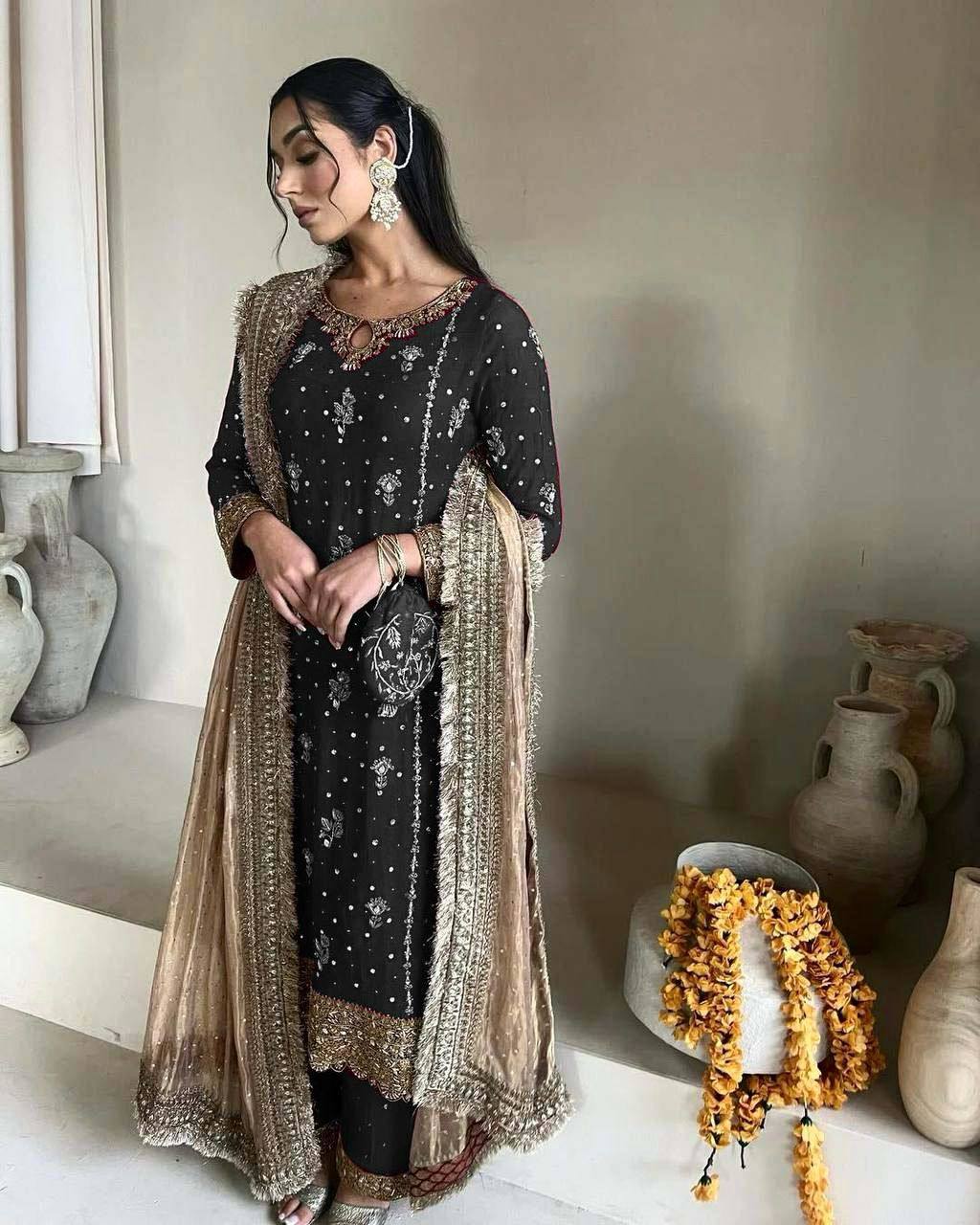 FANCY FAUX GEORGETTE WITH SEQUENCE EMBROIDERED AND ORIGINAL MOTTI HANDMADE WORK TOP AND PENT WITH DUPATTA