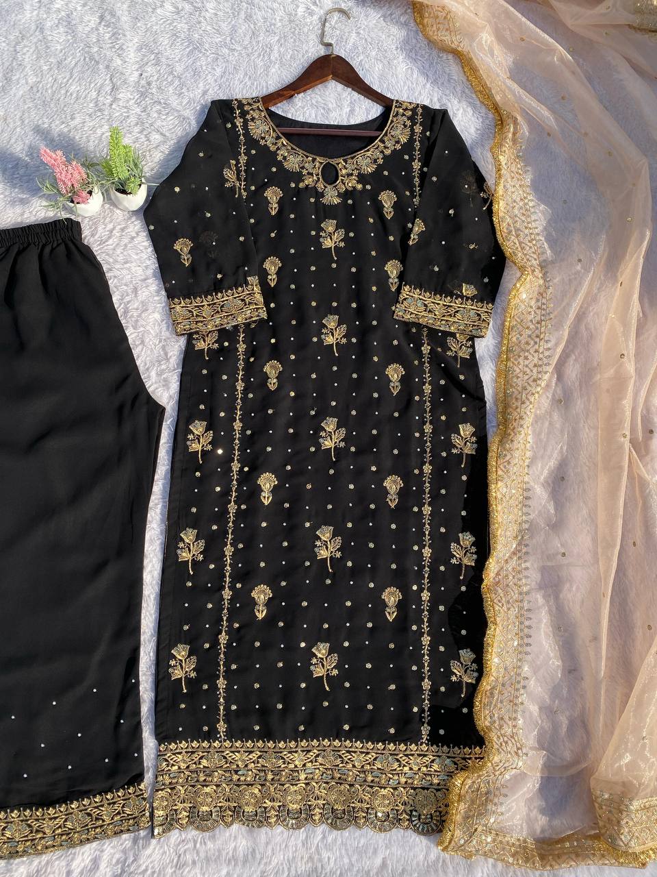FANCY FAUX GEORGETTE WITH SEQUENCE EMBROIDERED AND ORIGINAL MOTTI HANDMADE WORK TOP AND PENT WITH DUPATTA