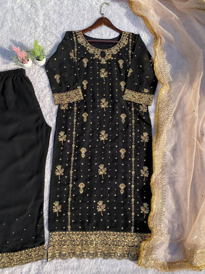 FANCY FAUX GEORGETTE WITH SEQUENCE EMBROIDERED AND ORIGINAL MOTTI HANDMADE WORK TOP AND PENT WITH DUPATTA
