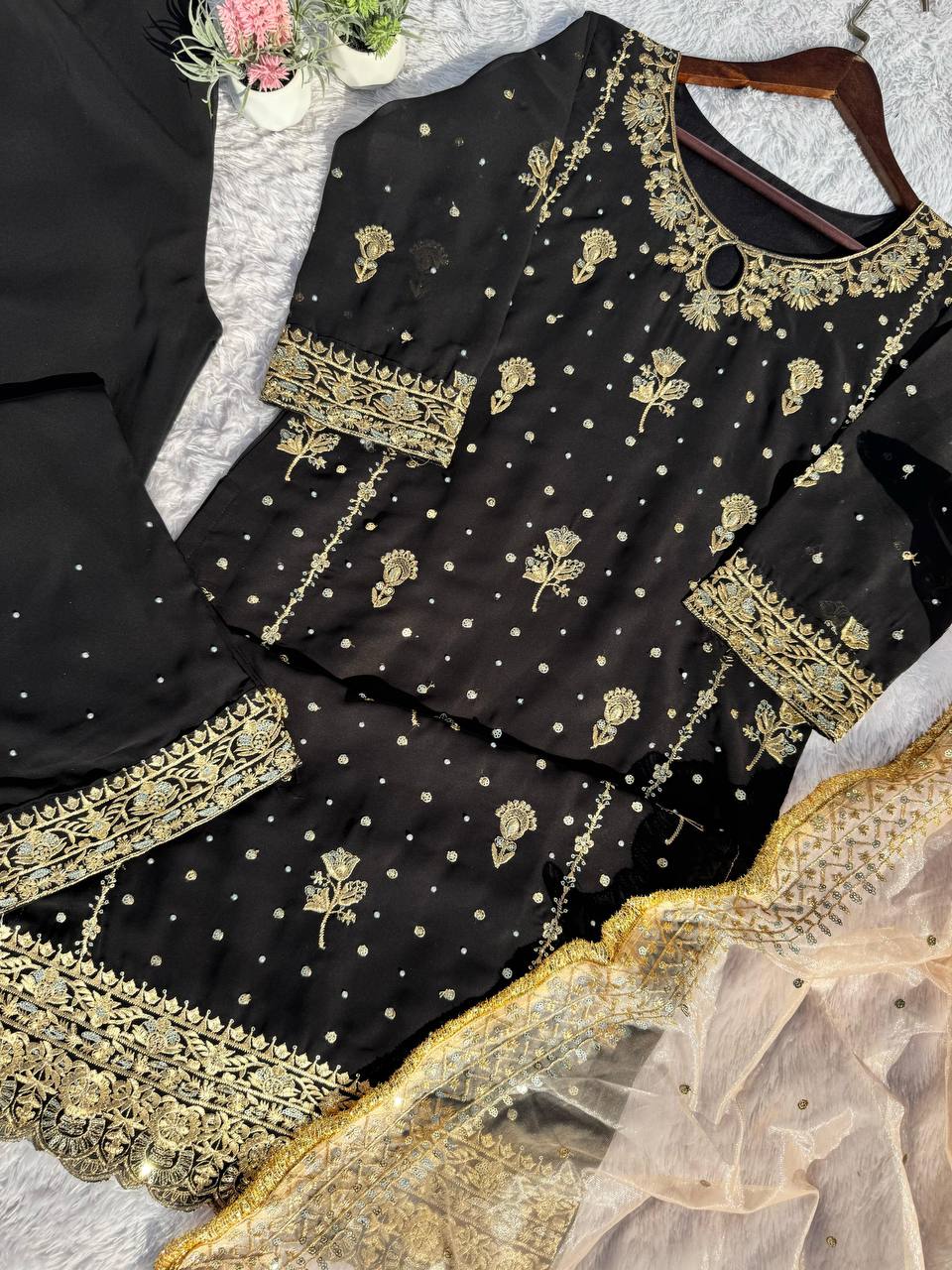 FANCY FAUX GEORGETTE WITH SEQUENCE EMBROIDERED AND ORIGINAL MOTTI HANDMADE WORK TOP AND PENT WITH DUPATTA