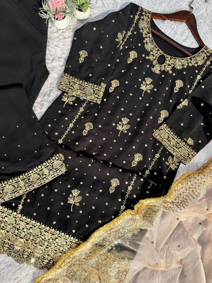 FANCY FAUX GEORGETTE WITH SEQUENCE EMBROIDERED AND ORIGINAL MOTTI HANDMADE WORK TOP AND PENT WITH DUPATTA